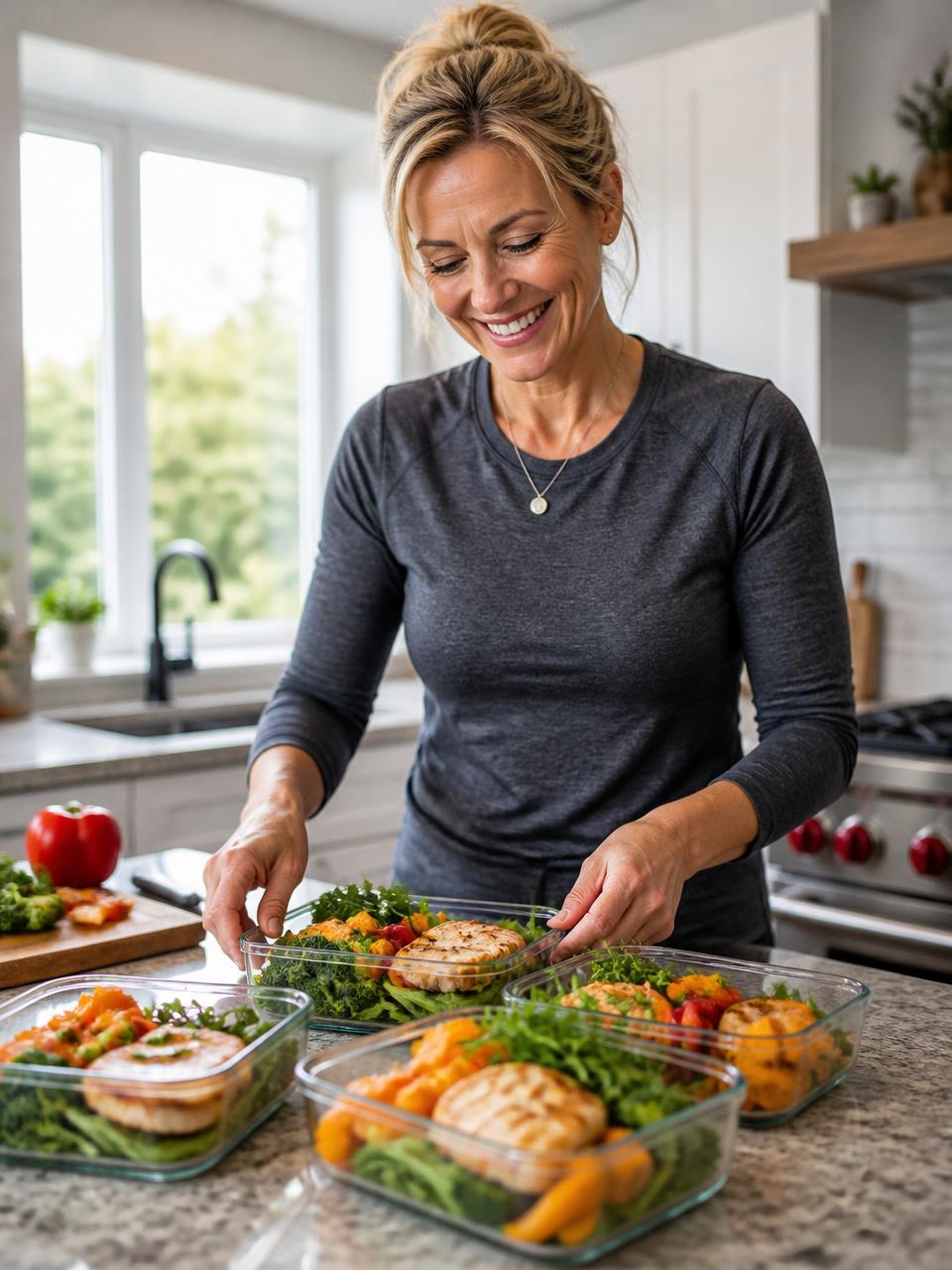 Mulher madura preparando refeições fitness na cozinha